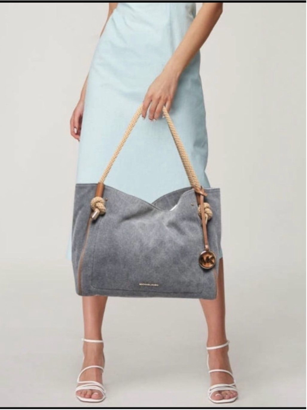 Michael Kors Denim-Style Rope in Light Blue with Gold Accents tote bag